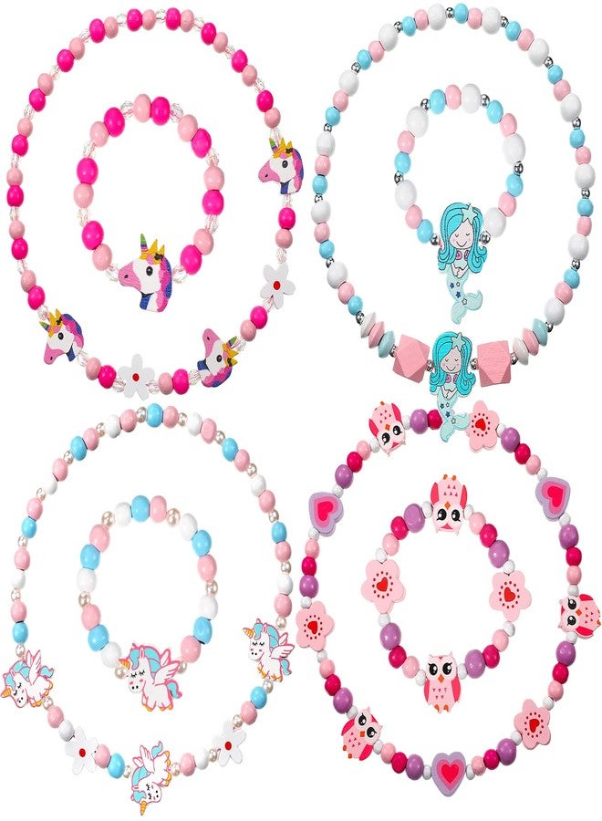 ميتلي مجموعة مجوهرات Mtlee للبنات، 4 قطع، تتضمن قلادة وسوار أميرة مزينين بخرز خشبي ملون، مع قلادة على شكل حورية بحر وحيد القرن، مثالية للعب التخيلي، هدية رائعة لحفلات الأطفال الصغار. - Image 1